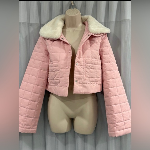 Sugar Thrillz Jackets & Blazers - Sugar Thrillz Pink Puffer Jacket with Faux Fur Collar